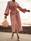 Simple Solid Color Puff Sleeve Lapel Collar Pocket Urban Long Woolen Coat