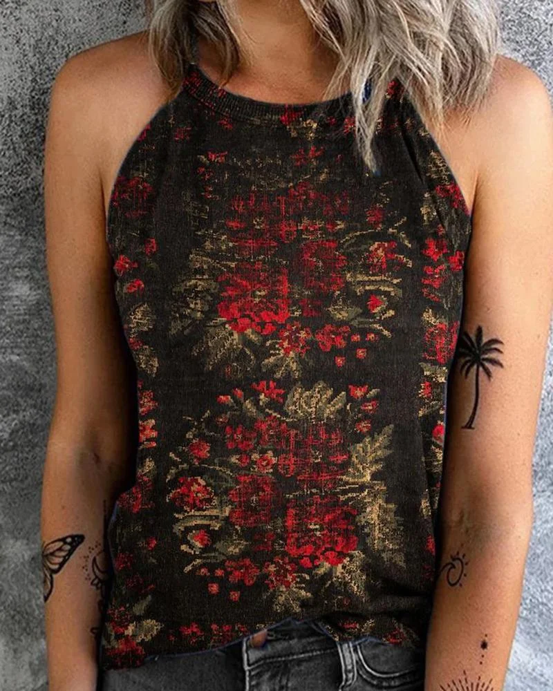 Vintage Print Halter Neck Sleeveless Tank Top
