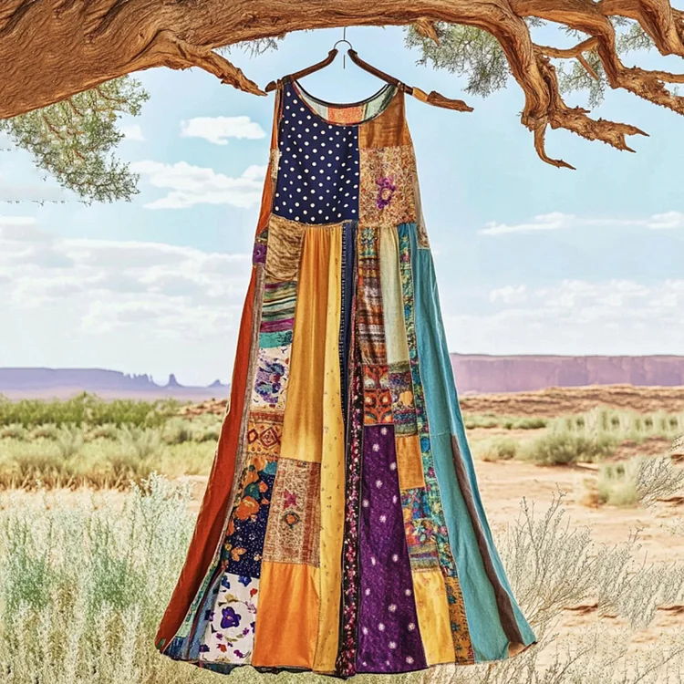 Vintage Bohemian Floral Patchwork Art Linen Tank Dress