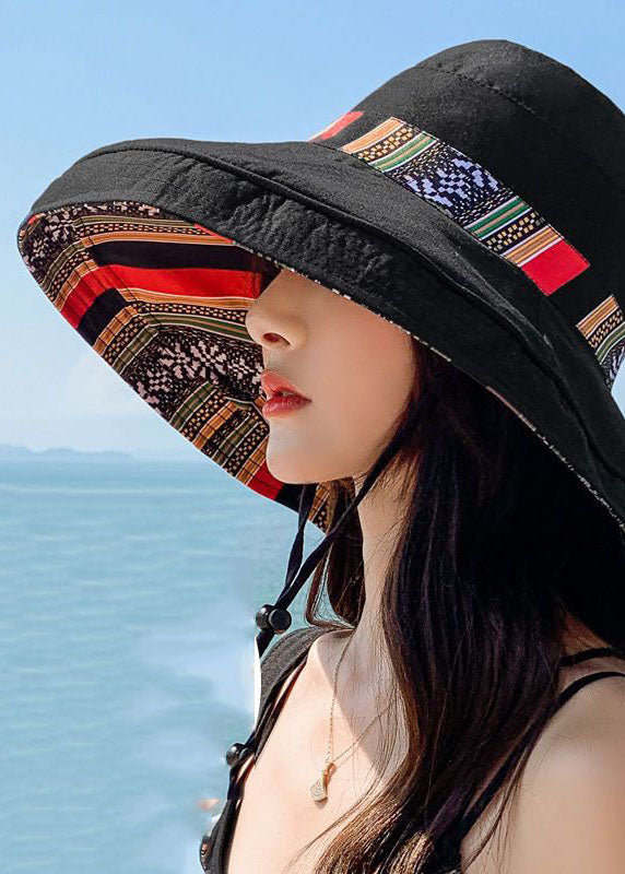 VCSHOES Black Striped Print Patchwork Cotton Bucket Hat