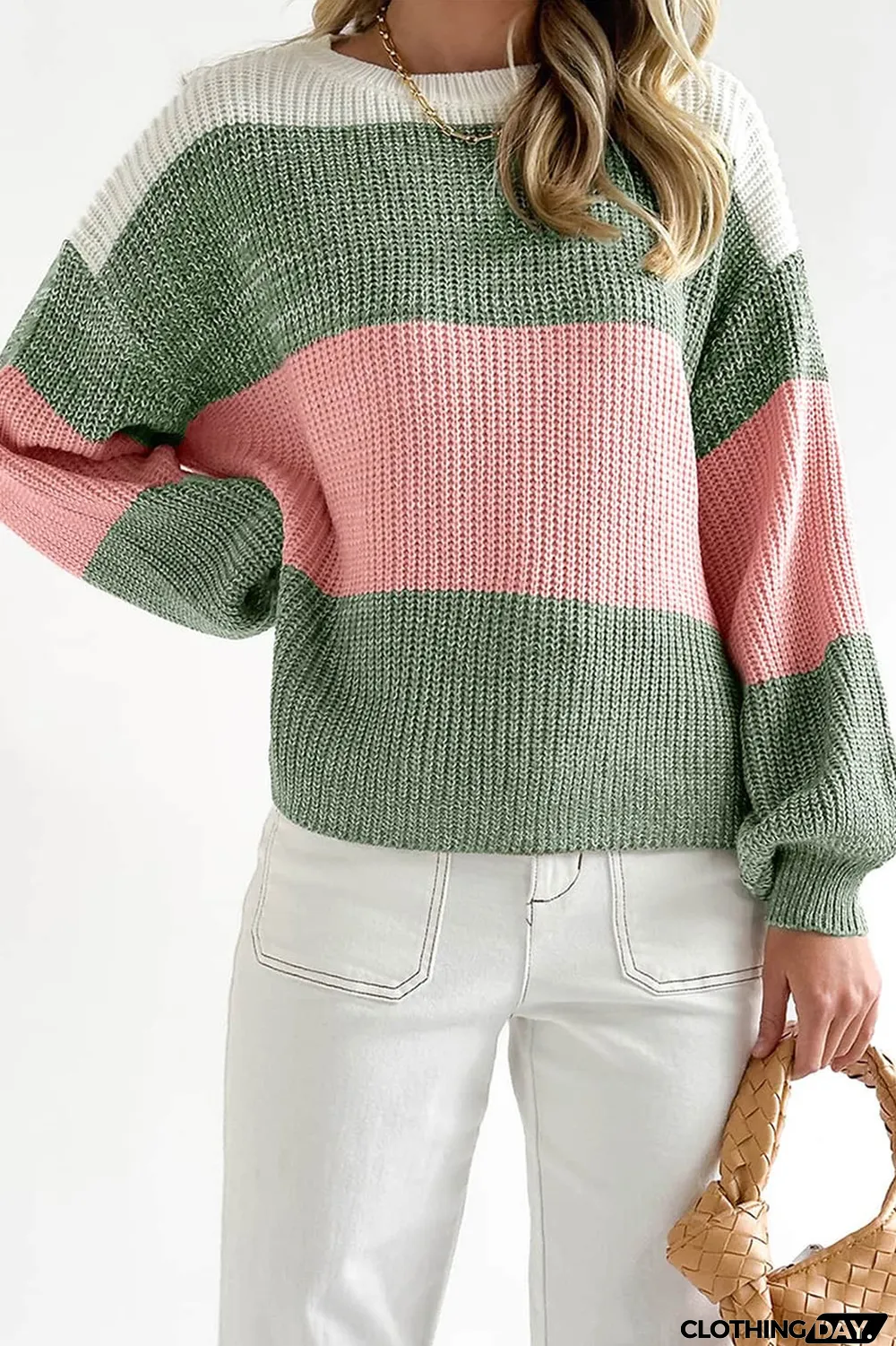 Green Colorblock Drop Shoulder Pullover Loose Sweater