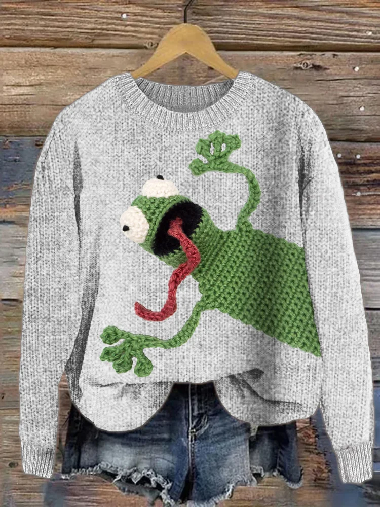 VChics Quirky Frog Crochet Art Print Sweater