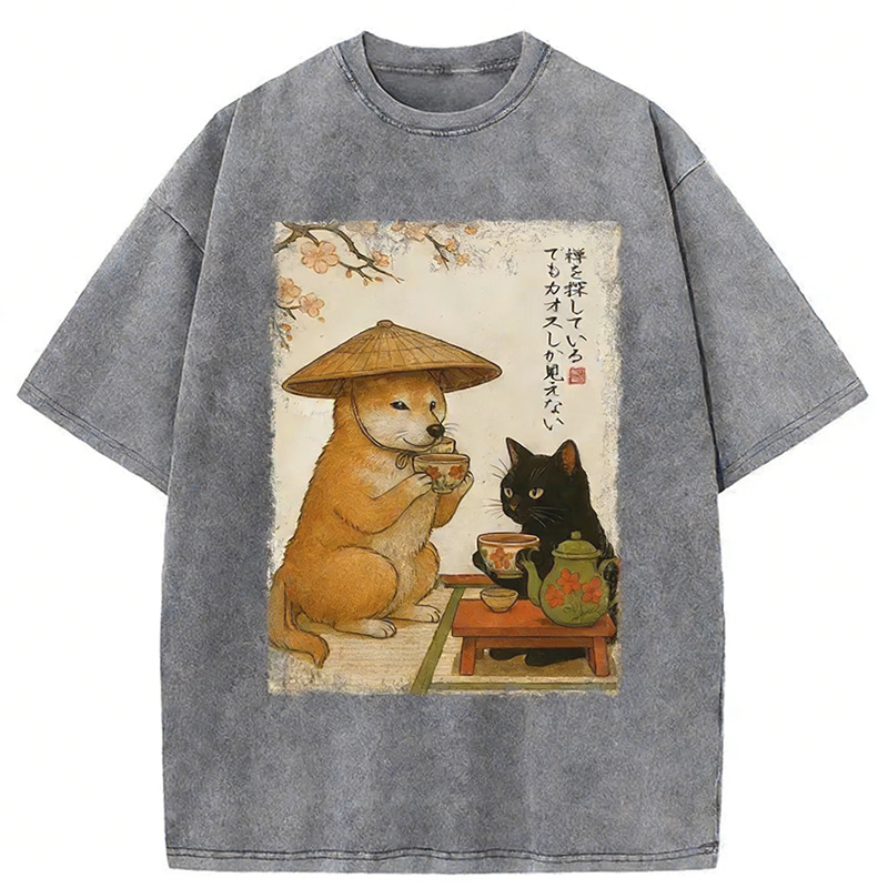 Tea Time With Shiba Inu And Black Cat Washed T-shirt artswardrobe