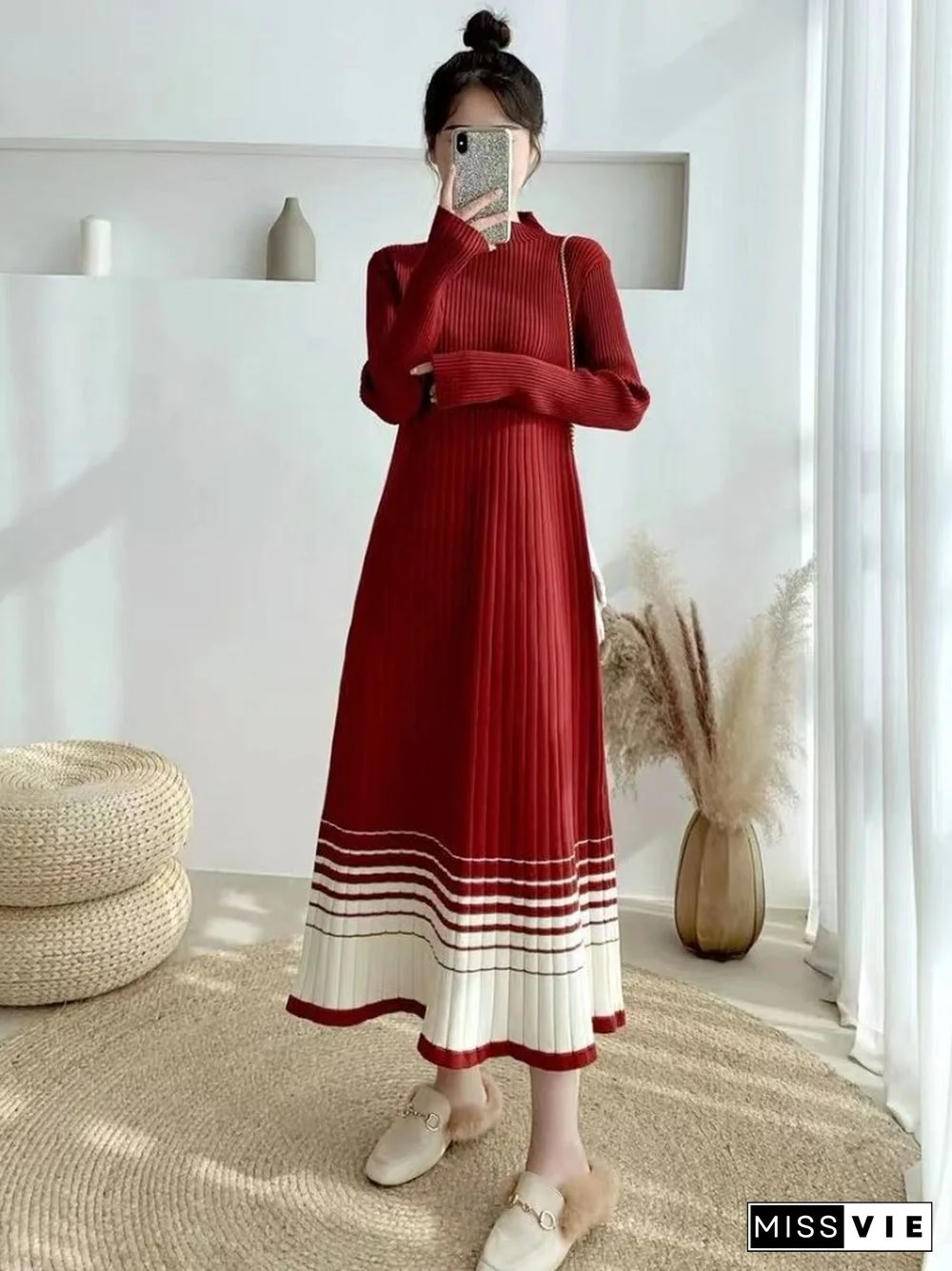 Autumn Winter New Women's Striped Knitting Pullover Dress Women's High Waist Loose Korean Fashion Long Sleeve Knitting Dress Top