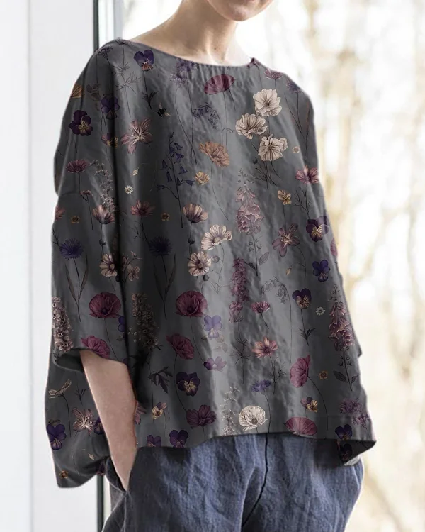 Vintage Floral Print Round Neck Cotton and Linen Loose Top