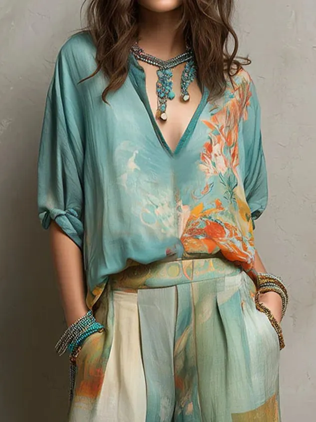 Vacation Floral Printing V Neck Blouse mysite idetrend