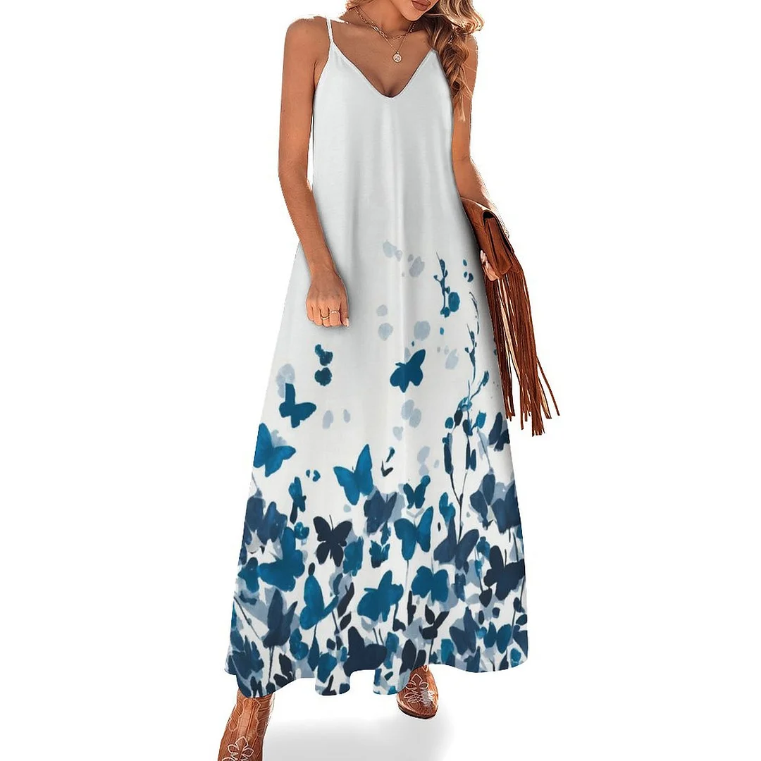 Style & Comfort for Mature Women Plus Size Printed Sling Casual Women Maxi Dress in Pattern Butterflies, Floral, Blue, Watercolor