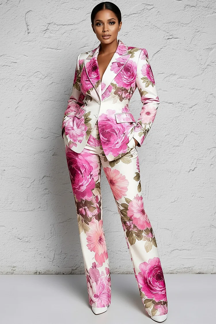 Xpluswear Design Plus Size Formal Pink Floral Lapel Collar Long Sleeve Pocket Two Piece Pant Suits