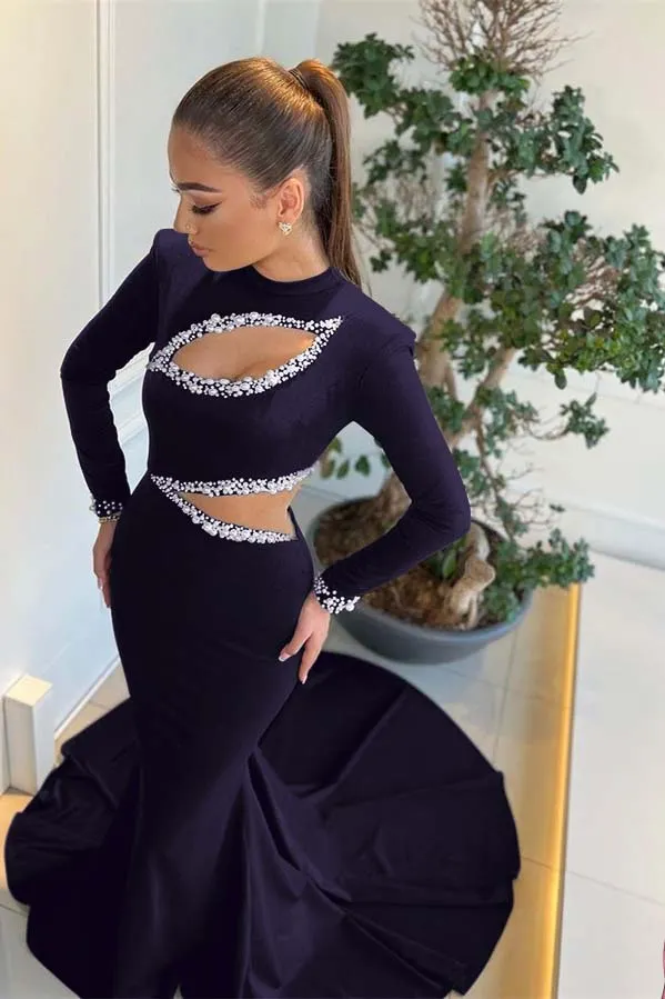 Black Beaded Long Sleeves High Neck Mermaid Evening Prom Dresses main image 1
