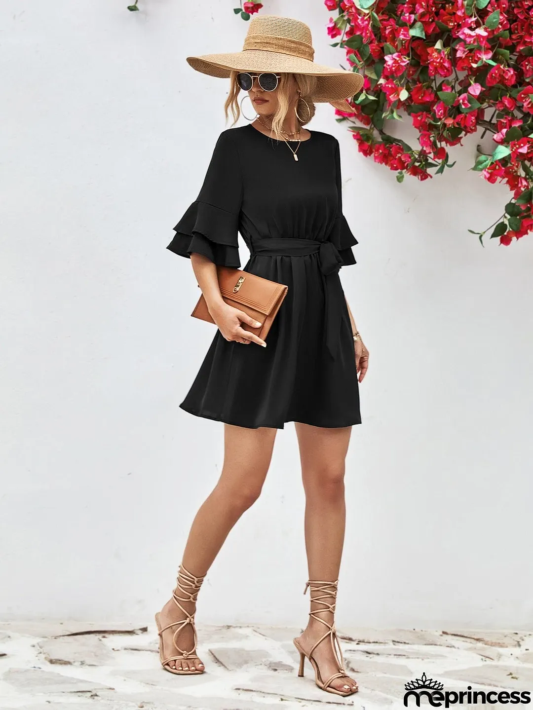 Round Neck Tie Belt Flounce Sleeve Dress