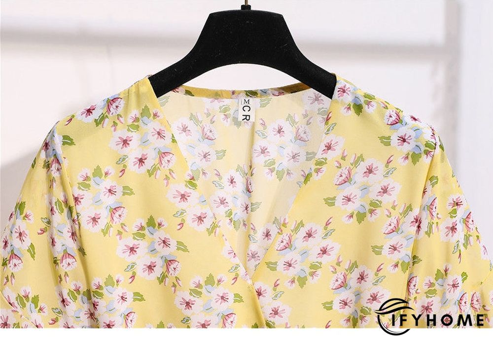 Spring Summer Chiffon Women V-Neck Floral Print Short Dresses Sweet Ruffle Sleeeve Slim Drawstring Ladies Dress | IFYHOME