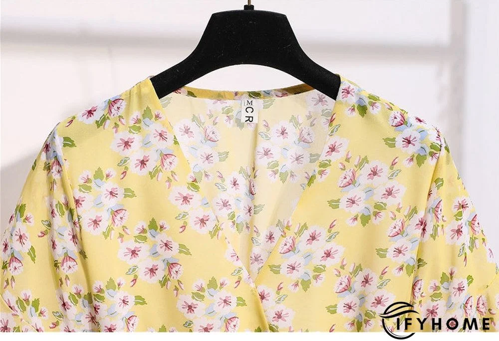 Spring Summer Chiffon Women V-Neck Floral Print Short Dresses Sweet Ruffle Sleeeve Slim Drawstring Ladies Dress | IFYHOME