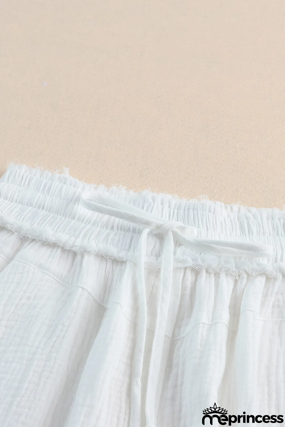 White Relaxed V Neck Blouse and Drawstring Raw Hem Shorts Set