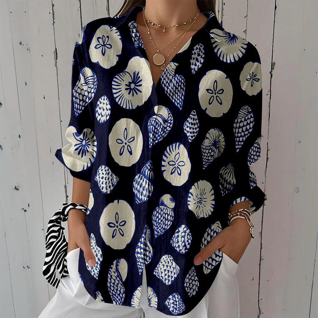 Style & Comfort for Mature Women Women Ocean, Blue DZCL0201 3/4 Sleeve Shirt Collar Printed Button Tops