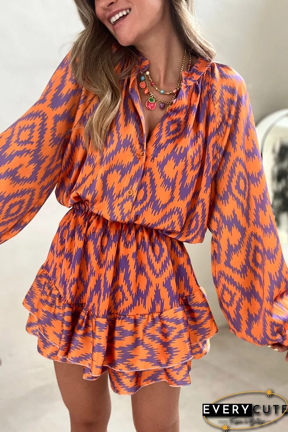 Orange Aztec Bubble Sleeve High Waist Romper