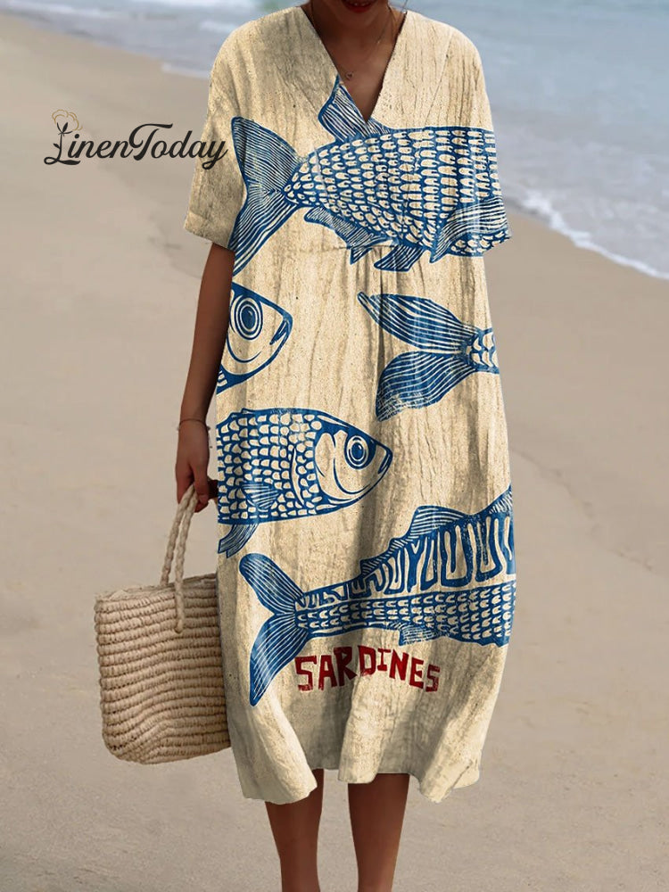 Women’s Vintage Fish Sardines Art Print Flowy Dress Dress1 / S