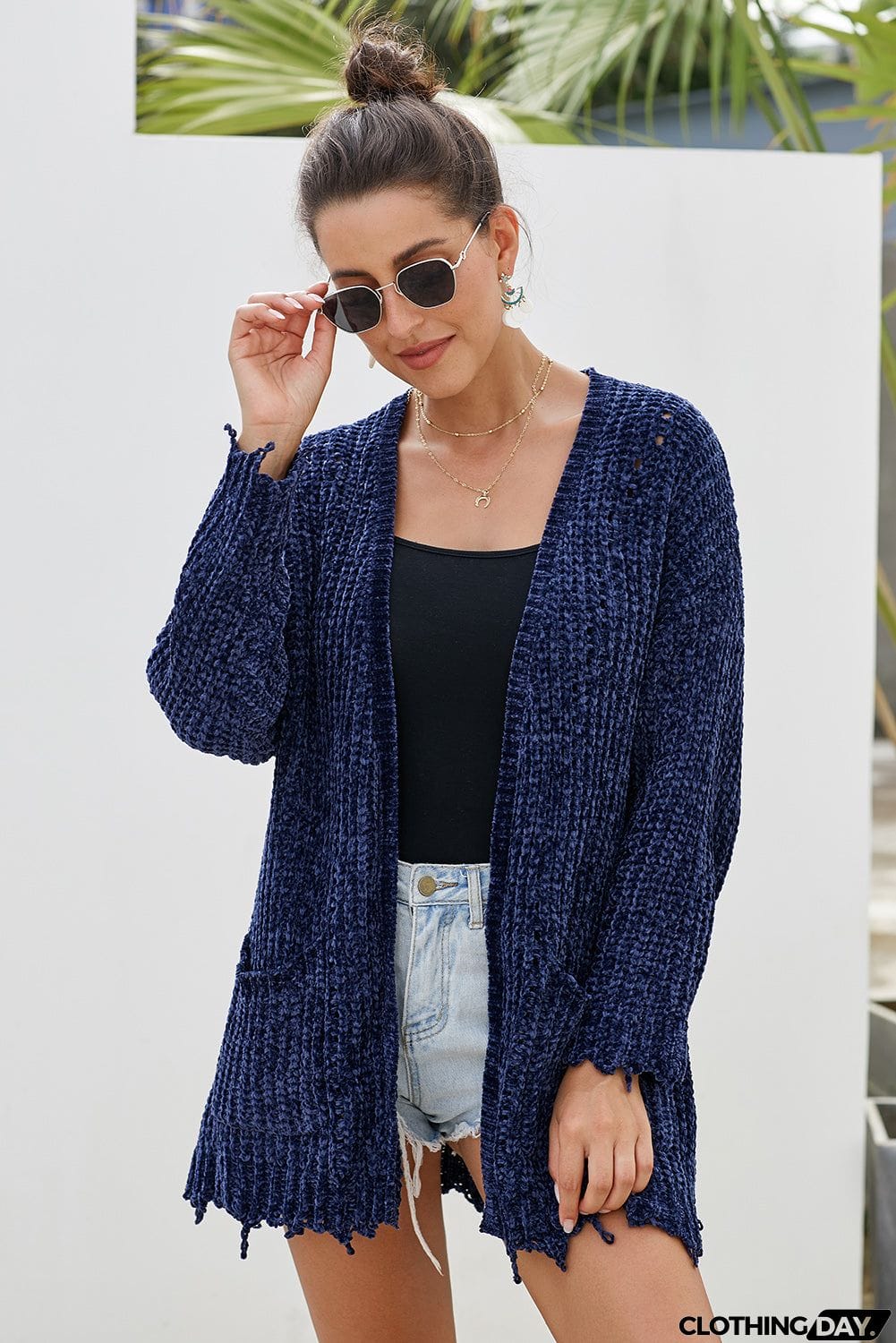 Chenille Knit Destroyed Cardigan Sweater