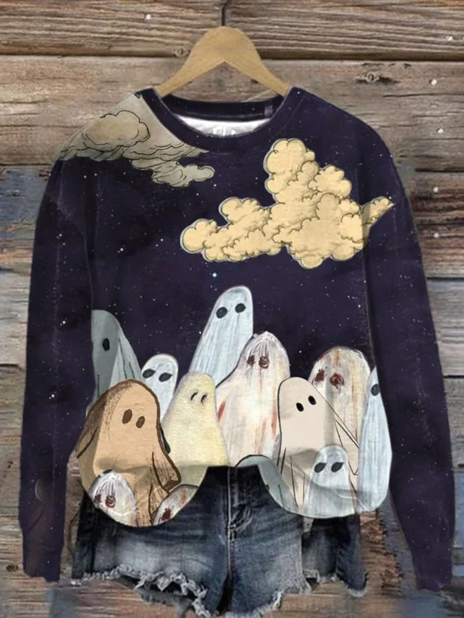 Women's Ghost Print Round Neck Sweatshirt