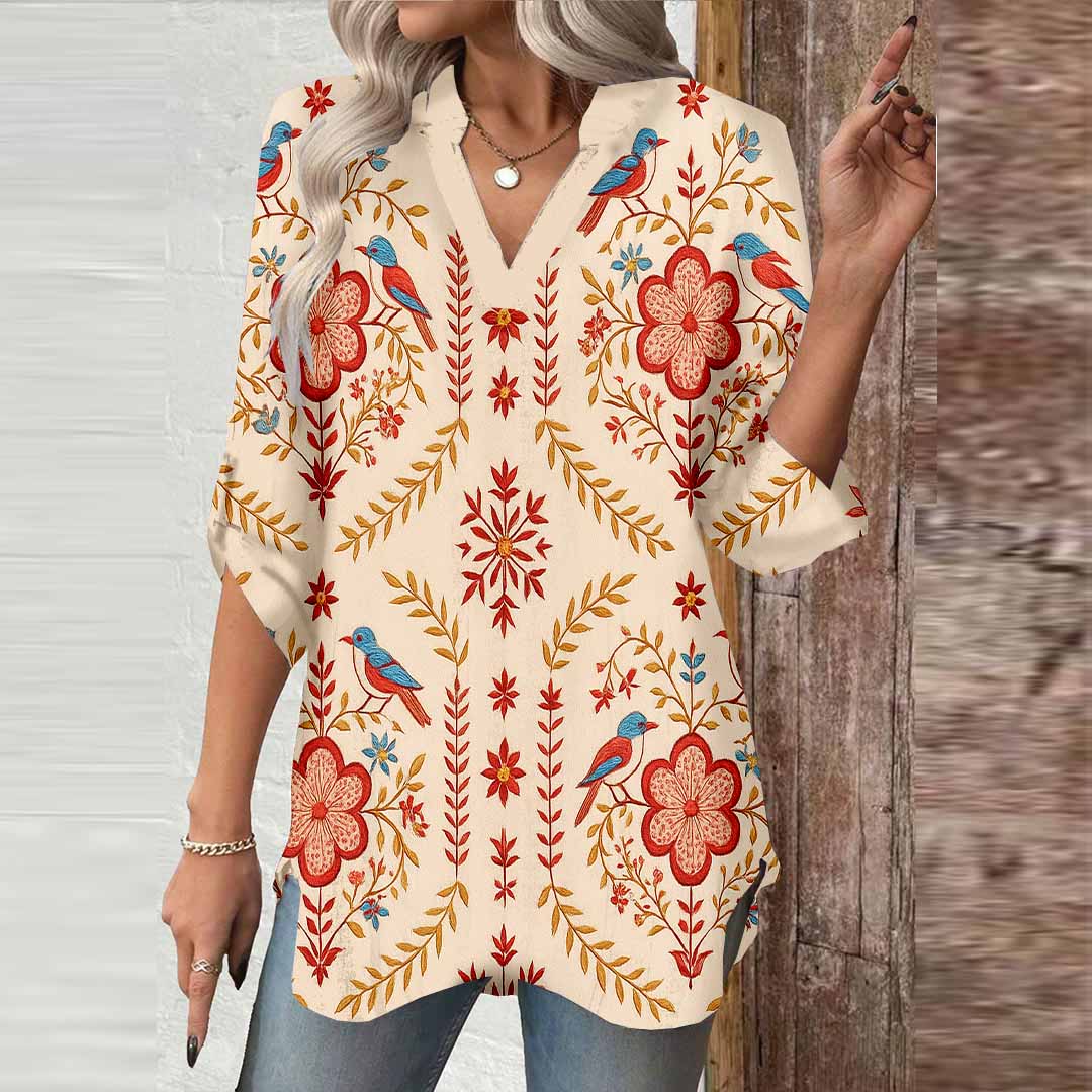 Women Bohemian, Red DZGA0099 3/4 Sleeve V-neck Printed Graphic Button Tops