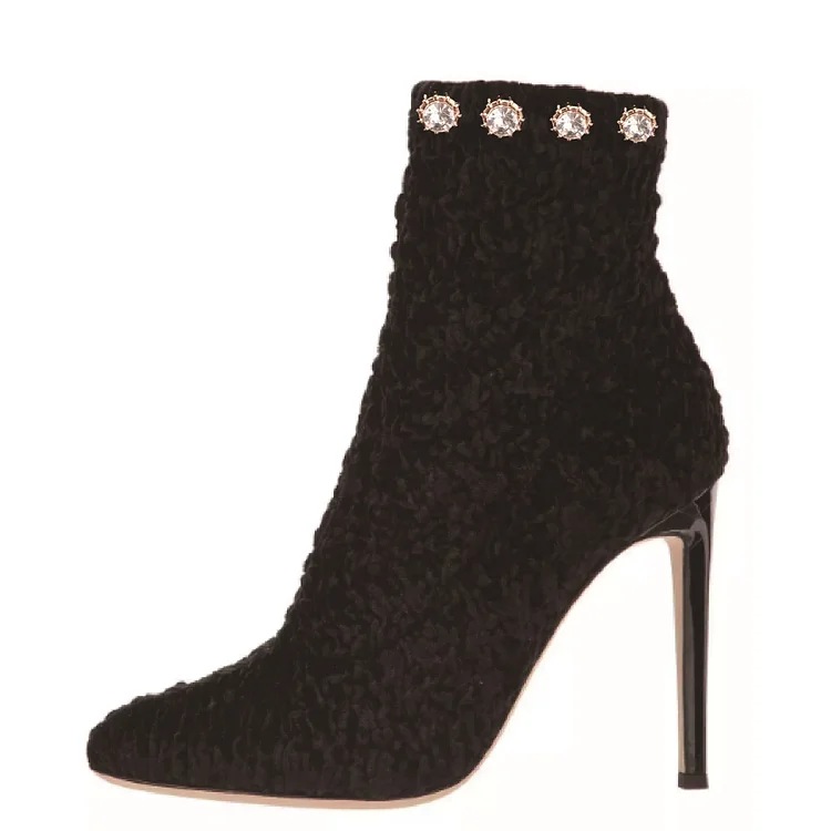 Black Rhinestones Stiletto Heel Ankle Booties |FSJ Shoes