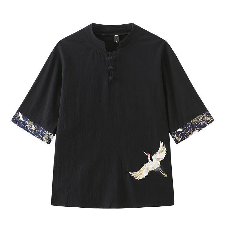 menweary Crane Embroidered Disc Button Cotton And Linen Retro Shirt