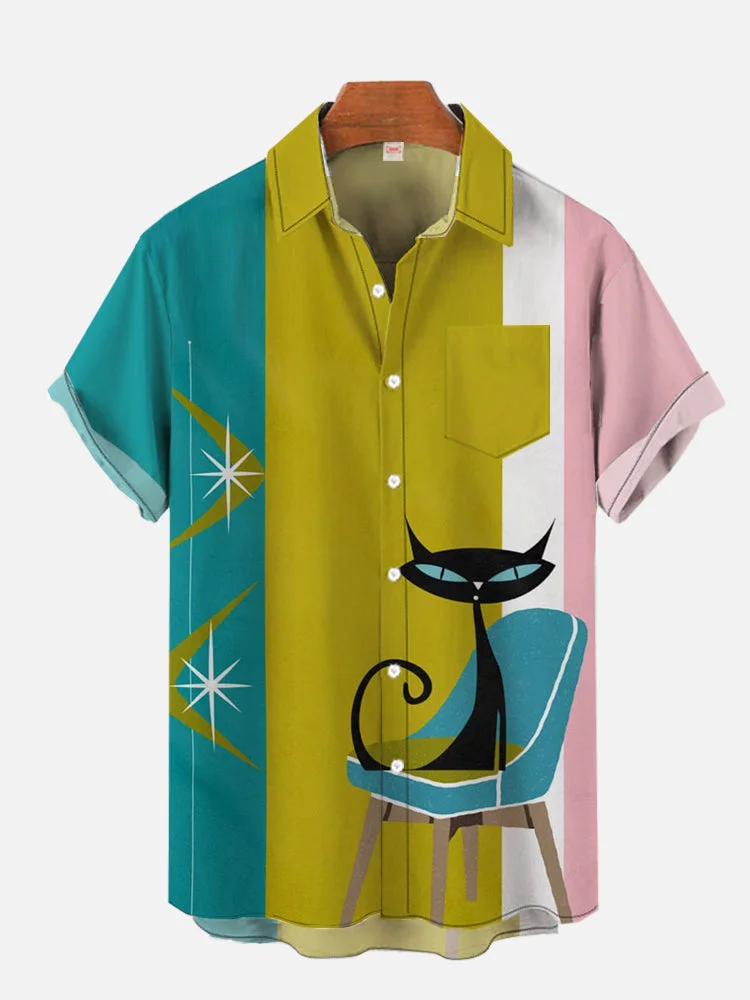 Contrast Color Stitching Atomic Age Black Kitschy Cat Art Print Short Sleeve Shirt