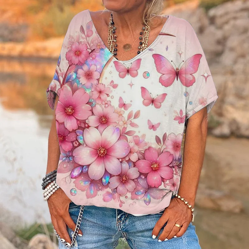 Pink Flower Butterfly Print V-Neck Women's T-Shirt