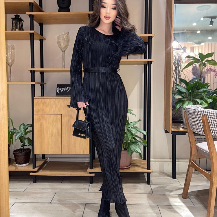 Ootddress Fashion Ruffled Lace-Up Long Dress Women Slim Long Sleeve Striped Pleated Party Dress Autumn 2025 Solid Gown Female Dress