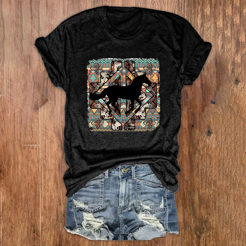 Simple Western Horse Print Short Sleeve T-Shirt wearshes