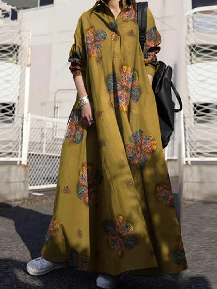 Vintage Clover Pattern Loose Long Sleeve Maxi Dress