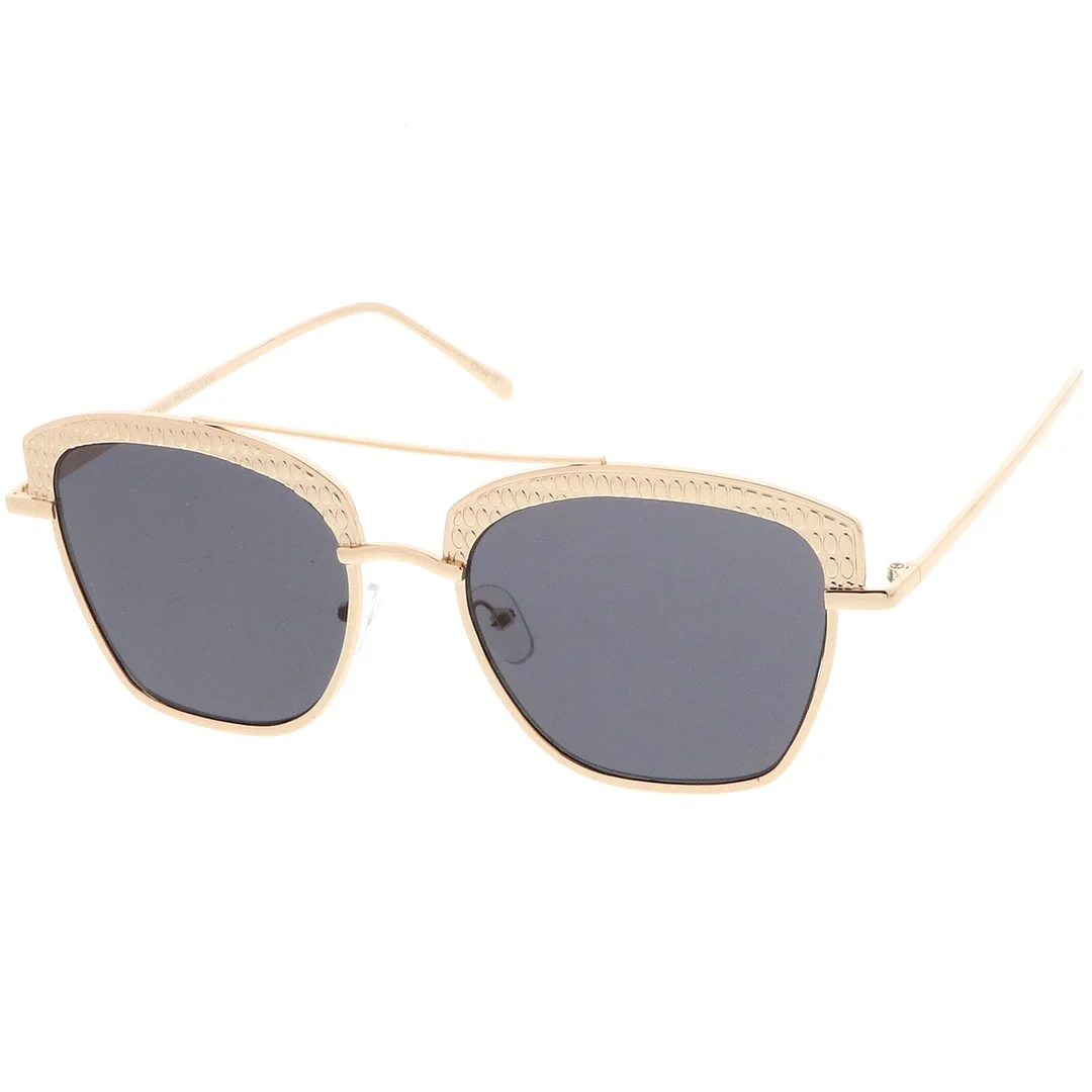 Women's Crossbar Slim Arms Textured Metal Flat Lens Square glasses 58mm