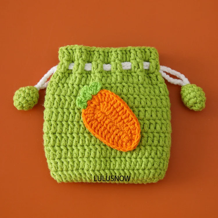 Lulusnow Handmade Green Amigurumi Carrot Crochet Coin Purse Crochet Mini Drawstring Bag Gift for Her/Friend/Kids