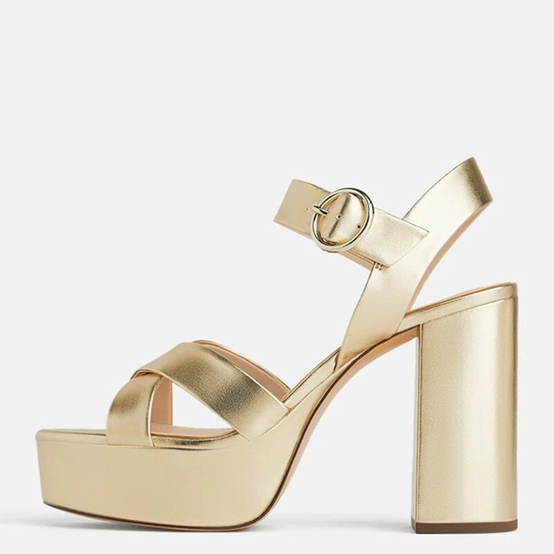 TAAFO Gold Ankle Strap High Chunky Heels Platform Sandals Woman Buckle For Ladies Dress 