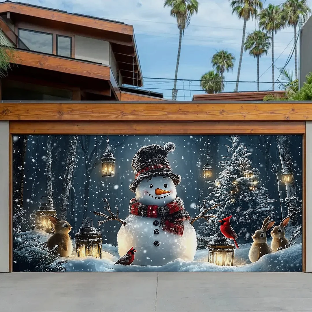 Garage Door Banner Decoration - Snowman and Forest Companions in a Lantern Lit Winter Scene