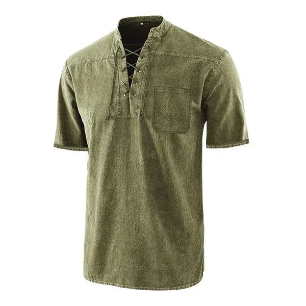 Men Gothic Retro T-Shirt Lace-up V-neck Denim Pocket Short Sleeve Tee Shirt Loose Tops