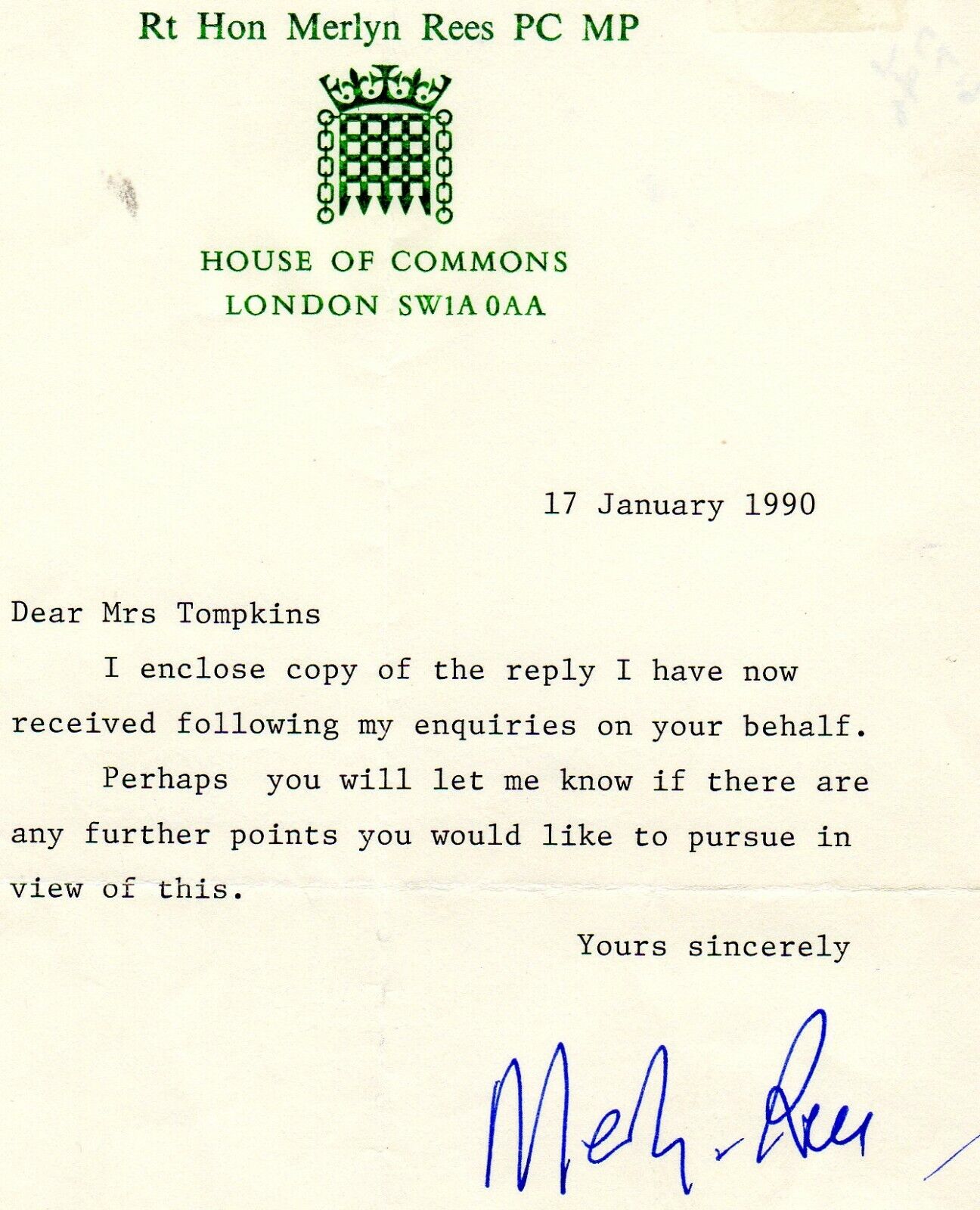 MERLYN REES AUTOGRAPH, Deceased, MP, BRITISH POLITICS