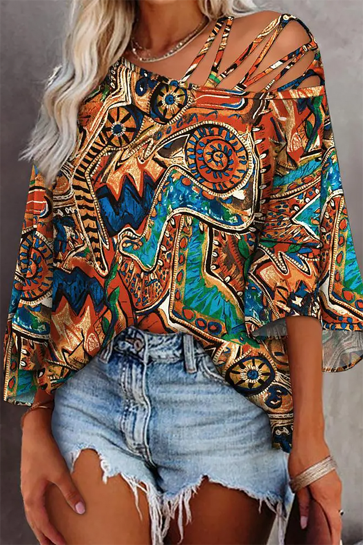 Plus Size Multicolor Casual One Shoulder Bell Sleeve Top Blouses [Pre-Order]