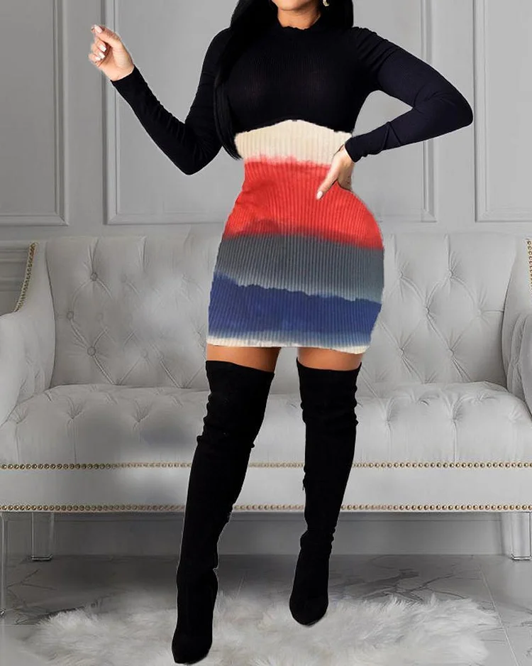 Printed Stitching Long Sleeve Dress