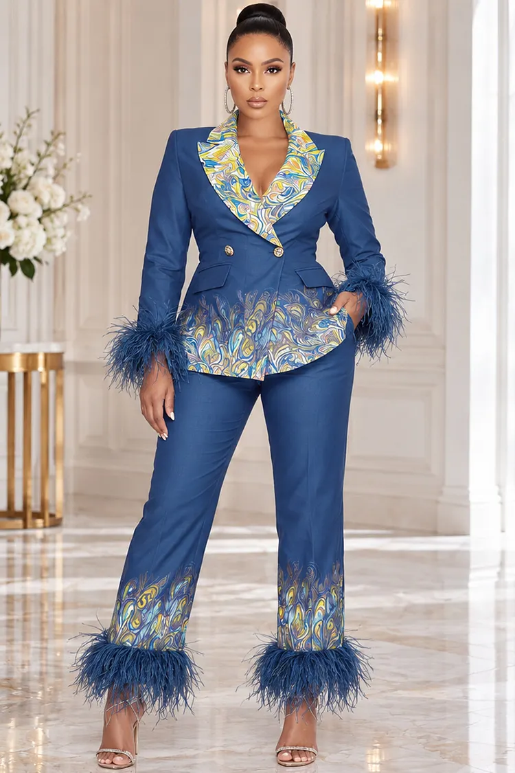 Xpluswear Design Plus Size Formal Blue Graphic Lapel Collar Long Sleeve Feather Contrast Two Piece Pant Suits [Pre-Order] 2024 - Xpluswear
