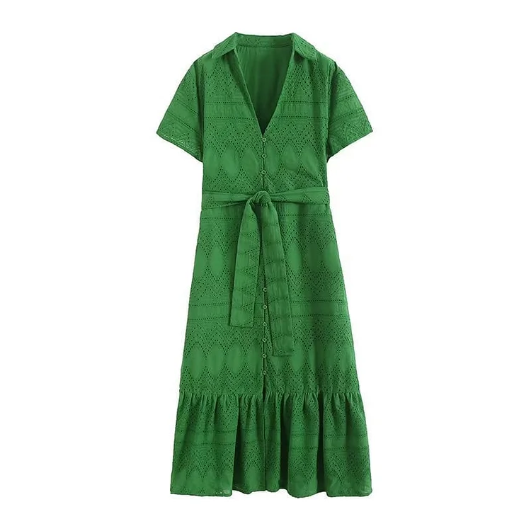GREENERY IN SPRING EMBROIDERED EYELET FRILLING DRESS