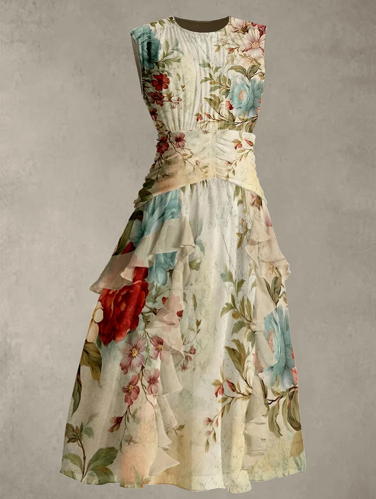 Vintage Floral Pattern Crew Neck Sleeveless Maxi Dress