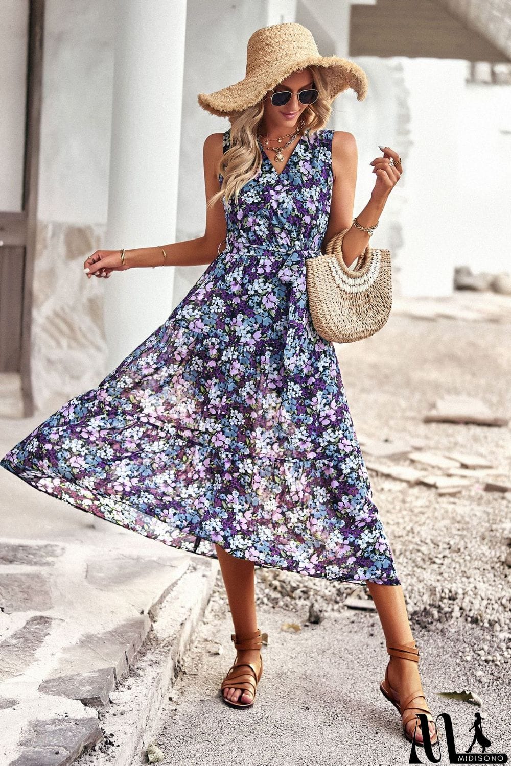 MidiSono - Floral Belted Surplice Sleeveless Tiered Dress