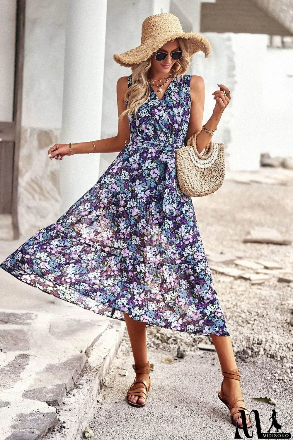 MidiSono - Floral Belted Surplice Sleeveless Tiered Dress