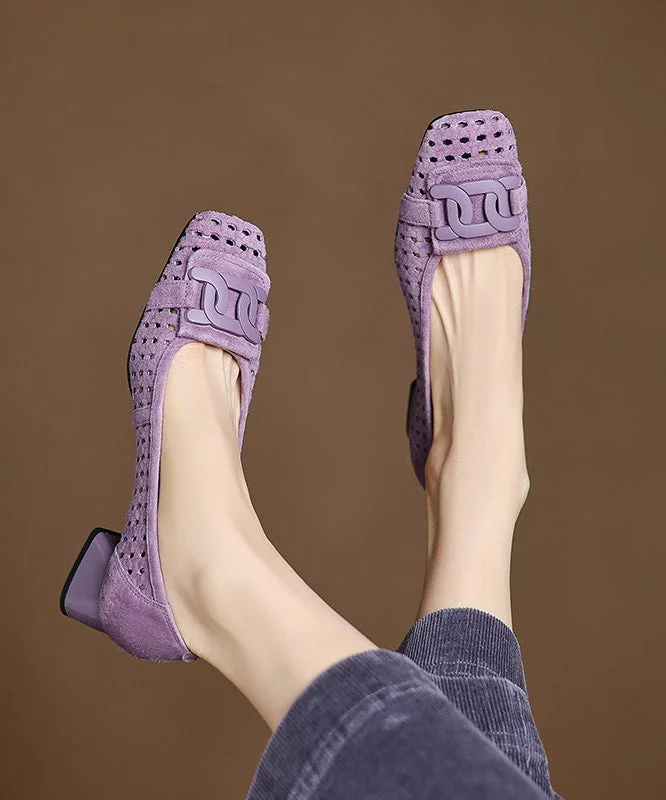 Purple Chunky Heels Suede Elegant Hollow Out Splicing