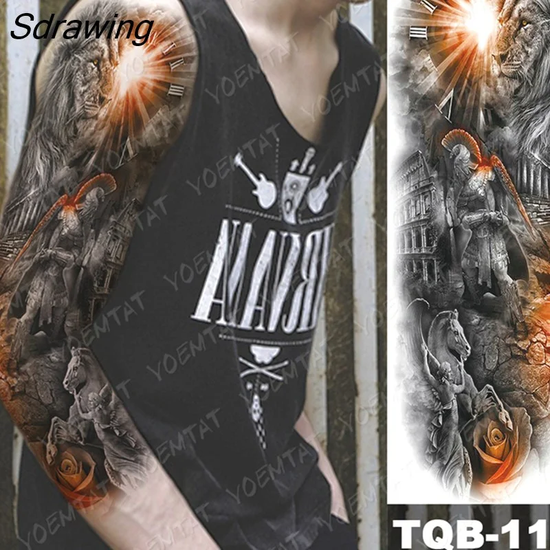 Sdrawing Arm Sleeve Tattoo Tiger Lion Wolf Owl Waterproof Temporary Tatto Sticker Crown Warrior Body Art Full Fake Tatoo Men Women