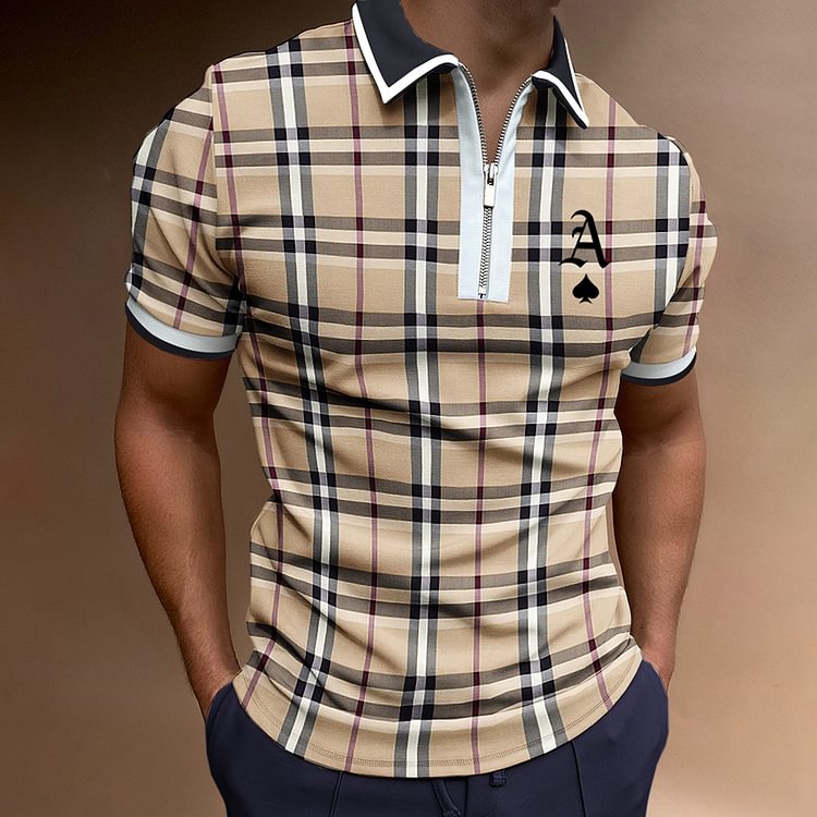 Men's Casual Ace Of Spades Plaid Print Short Sleeve Zipper Polo Shirt