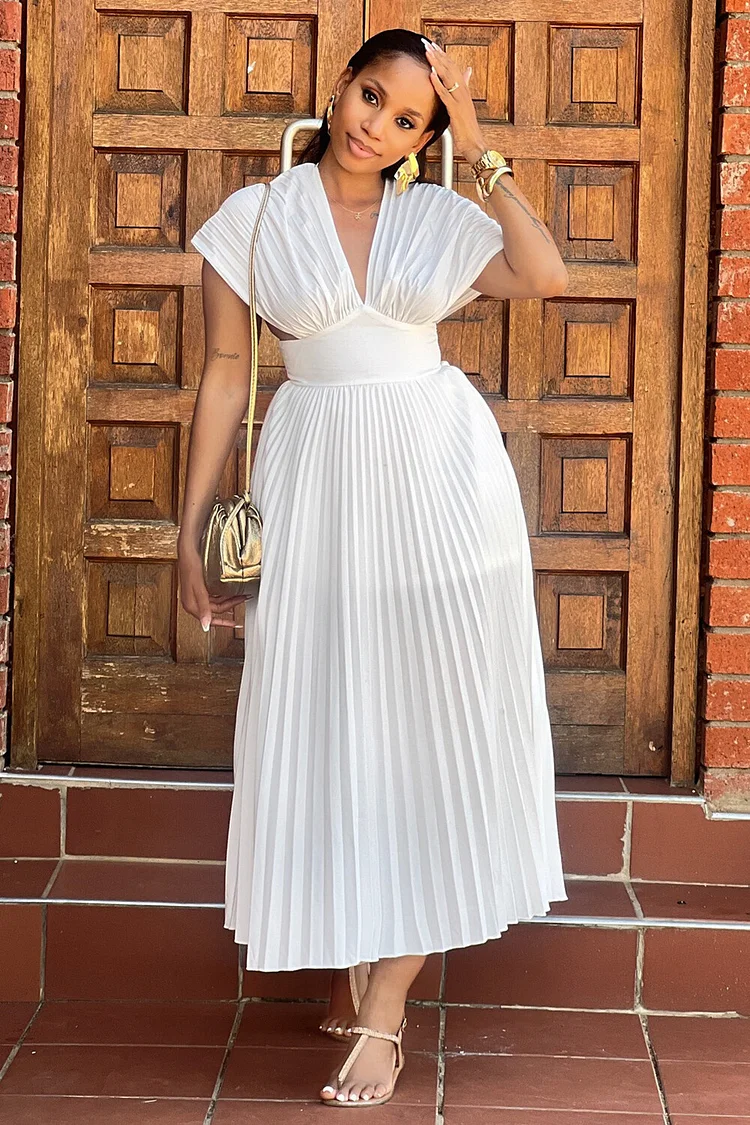 V Neck Short Sleeve Cinch Waist Solid Color Pleated Midi Dresses-White