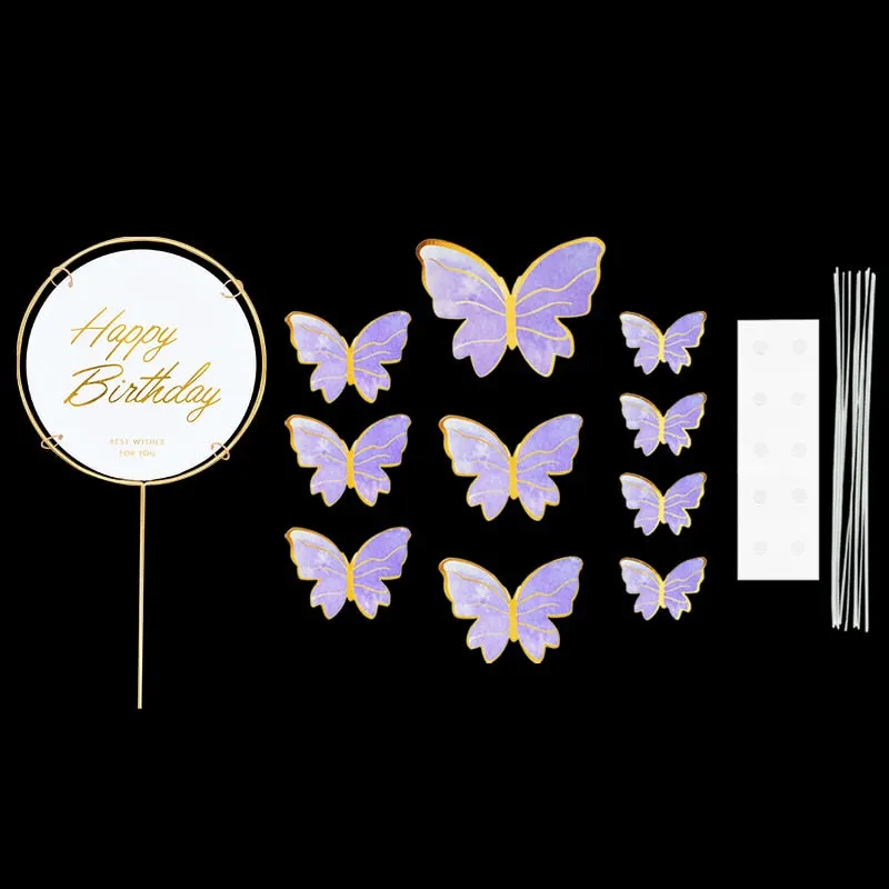1Set Happy Birthday Cake Toppers Cake Decoration Handmade Butterfly Cupcake Topper For Wedding Birthday Party Baby Shower Baking