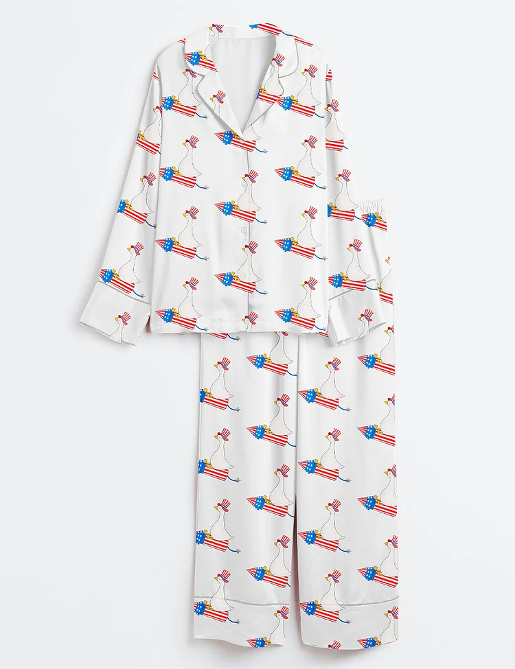 Women&rsquo;s Funny 4th Of July Funny Goose Independence Day  USA Patriotic Firequacker Print Long Sleeve Satin Pajama Set