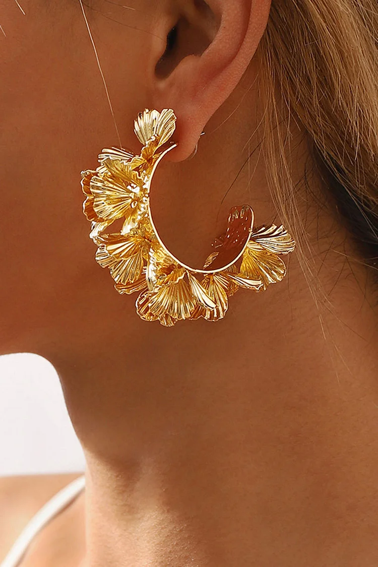 Textured Flowers Semicircle Shaped Hoop Earrings
